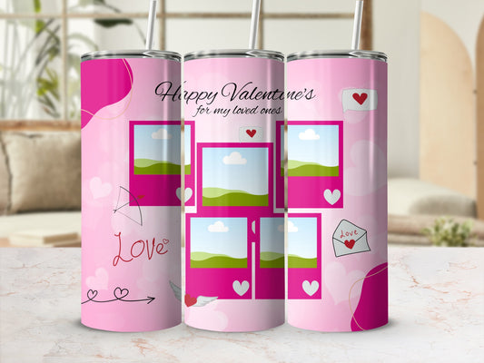 Valentine's Day tumbler with photo frames, hearts, and text.