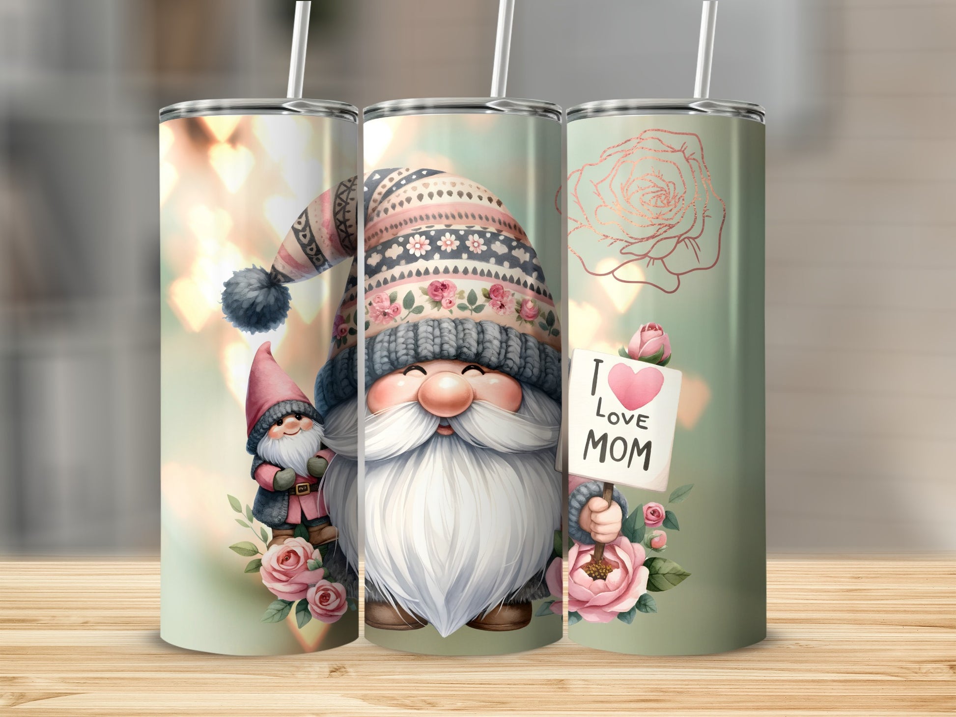 Cute Gnomes I Love Mom Design Tumbler Cup