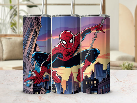 Spiderman dangling from web against city skyline at sunset.