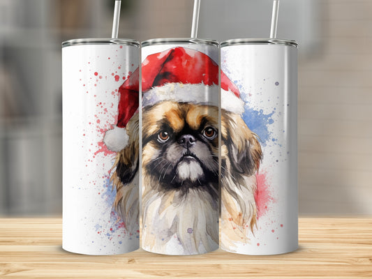 Watercolor painting of a Pekingese dog in a Santa hat on a white tumbler.