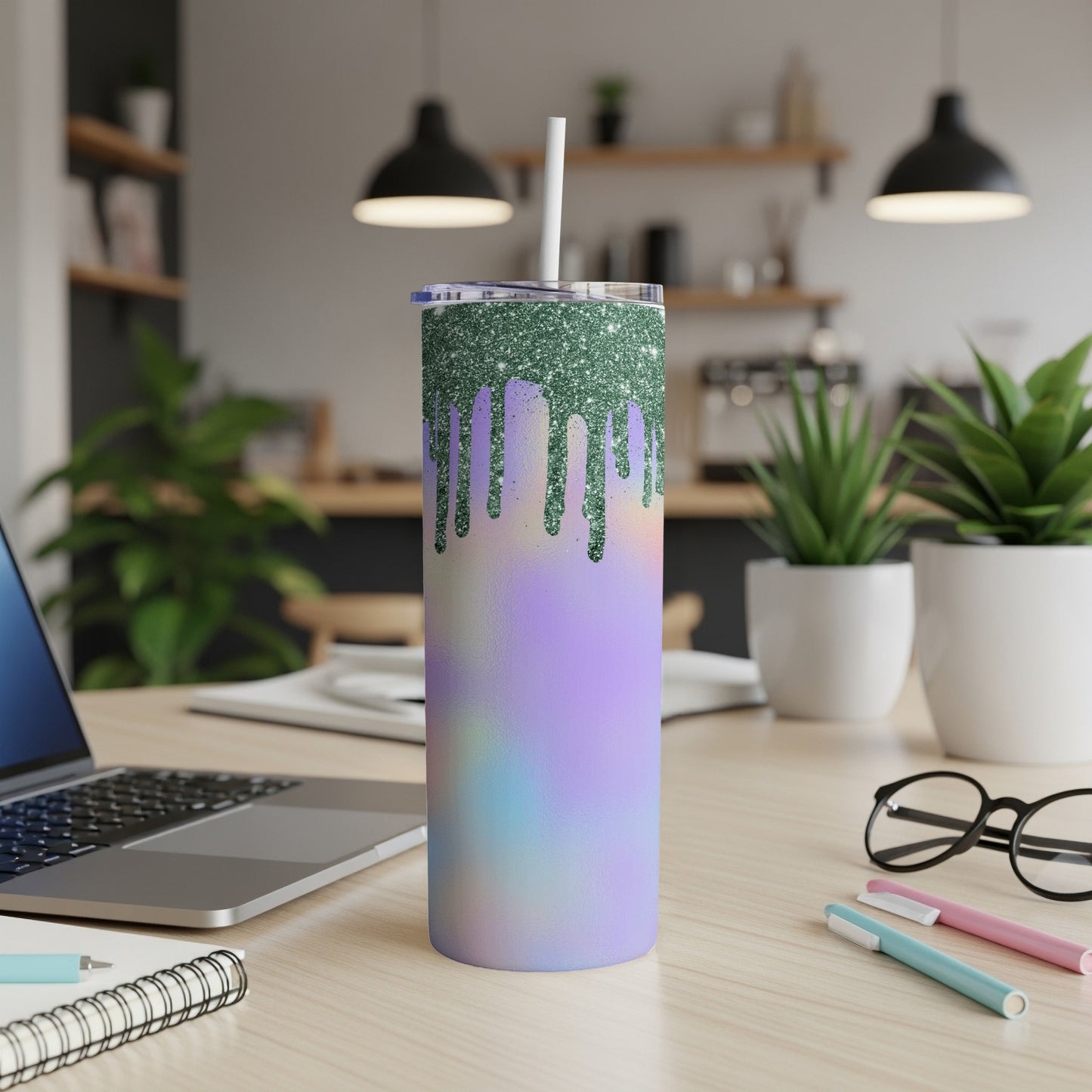 Glitter drip tumbler with pastel holographic design and white straw.