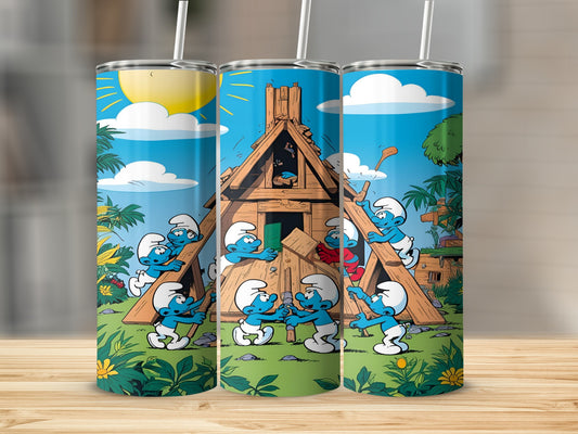 Smurfs building a wooden house under a sunny blue sky.