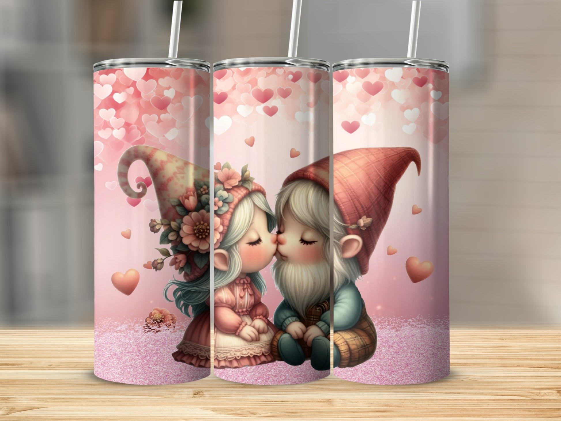 Two gnomes kissing, surrounded by hearts and pink glitter.