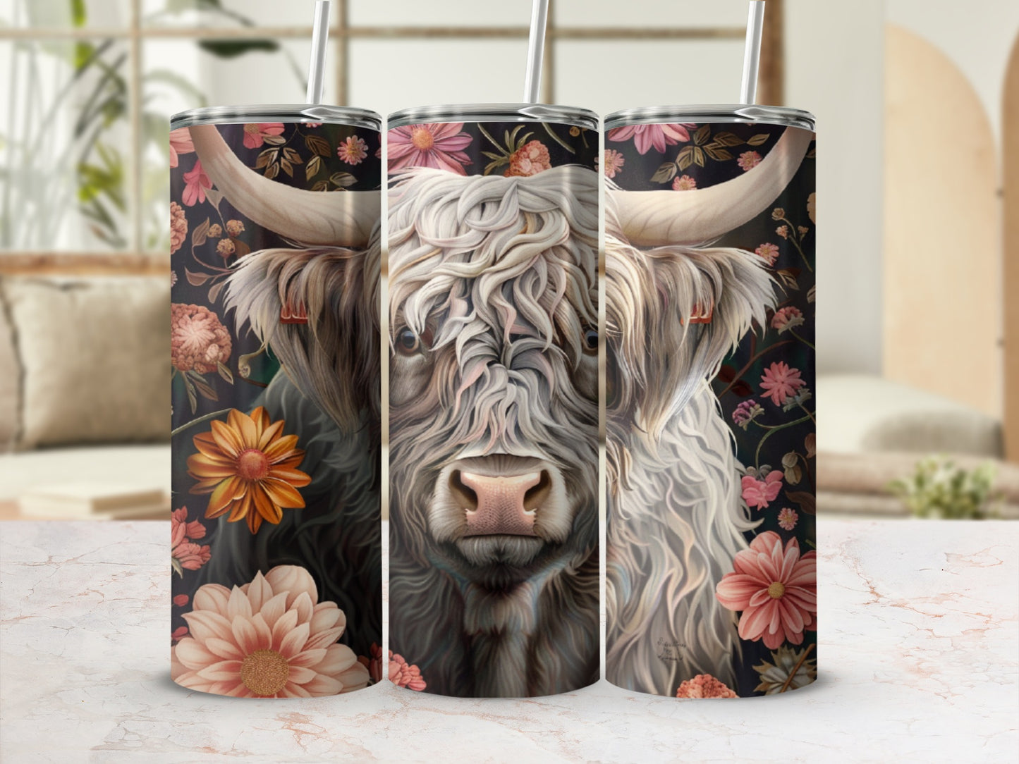 Highland cow with floral accents on a tumbler.