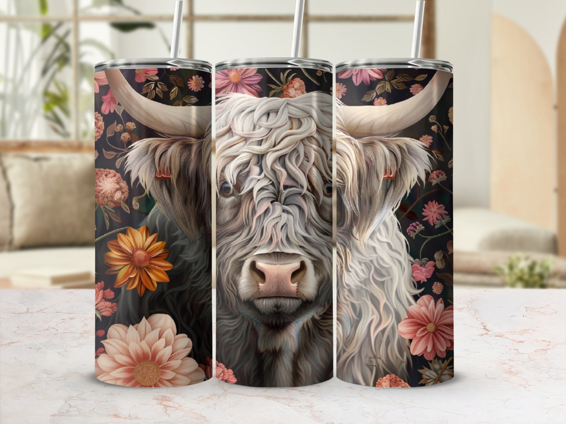 Highland cow with floral accents on a tumbler.