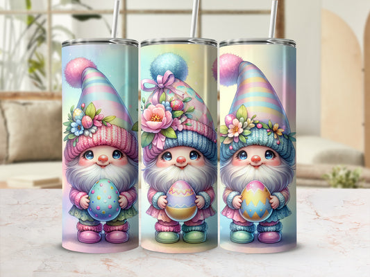 Three cute gnomes in pastel Easter outfits hold decorated eggs.