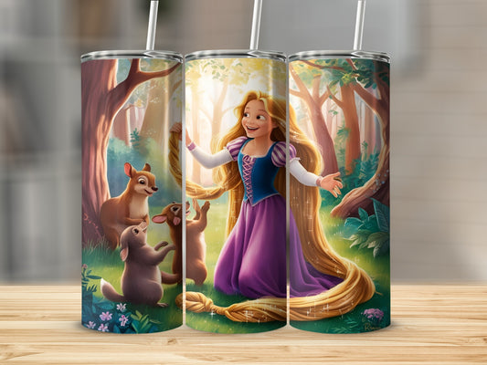 Rapunzel with long blonde hair and forest animals in a sunlit woodland.
