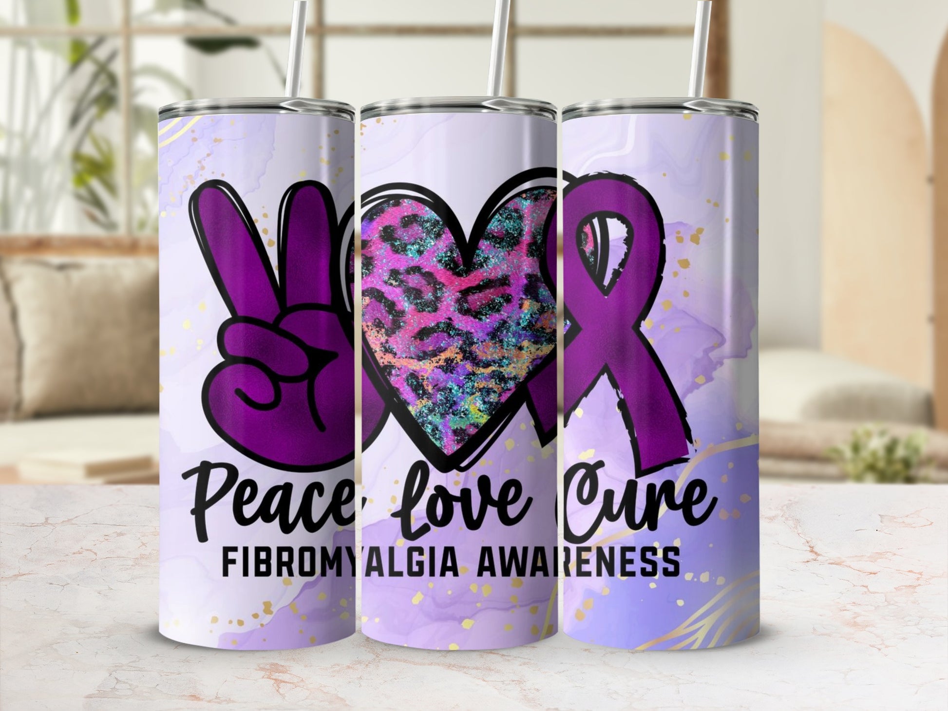Peace Love Cure Fibromyalgia Awareness Tumbler