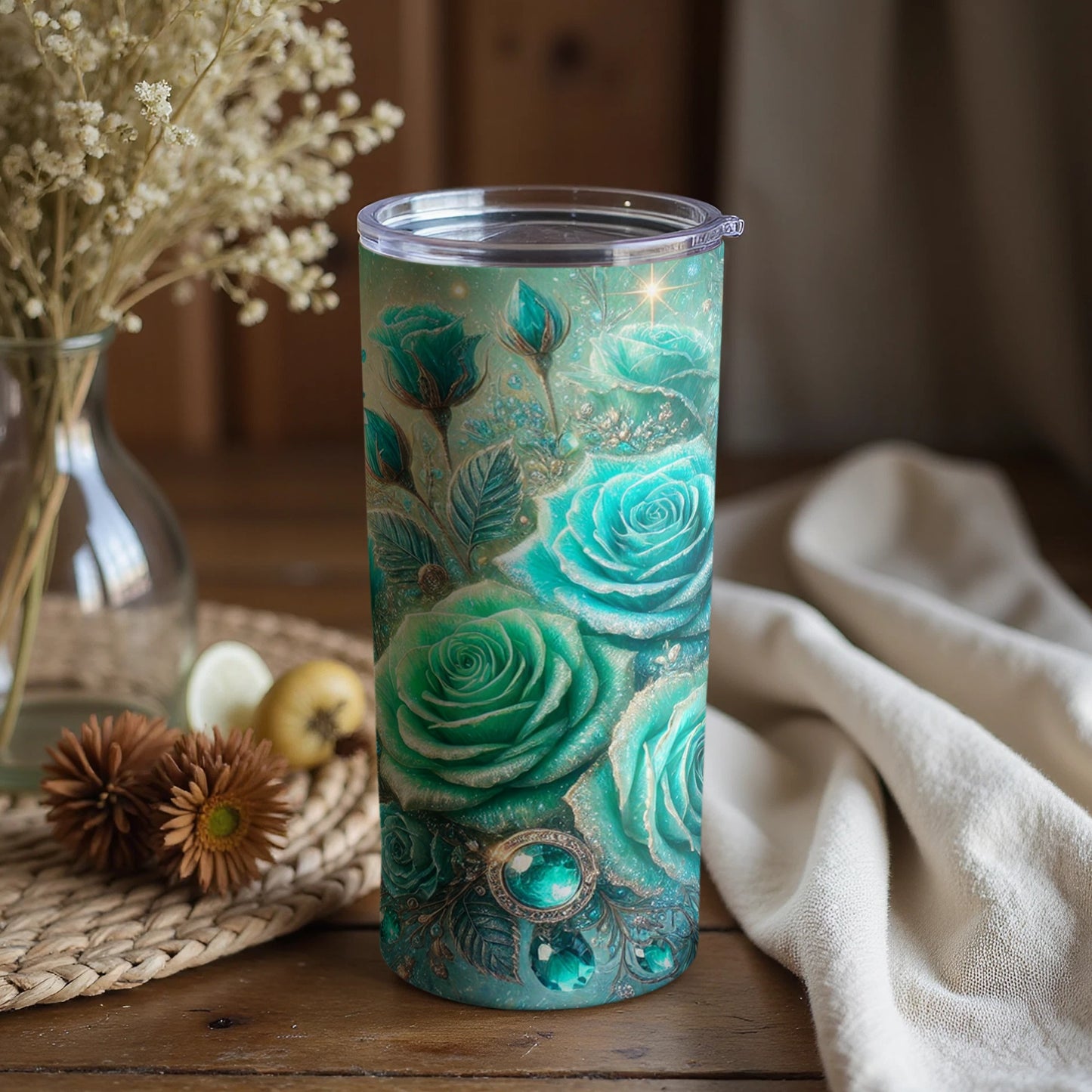 Intricately Designed Floral Art Turquoise Insulated Tumbler