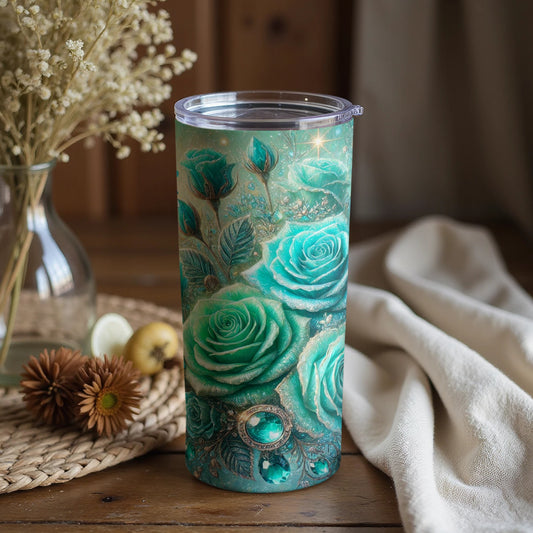 Intricately Designed Floral Art Turquoise Insulated Tumbler