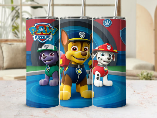 Paw Patrol characters Chase, Marshall, and Rubble on a blue, cylindrical tumbler.