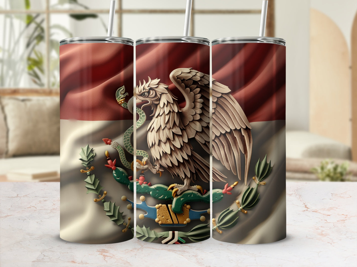 Three tumblers with Mexican flag background and eagle symbol.