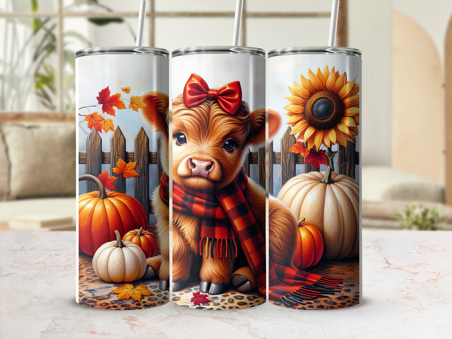 Cute cow with bow and scarf, surrounded by pumpkins and autumn leaves.