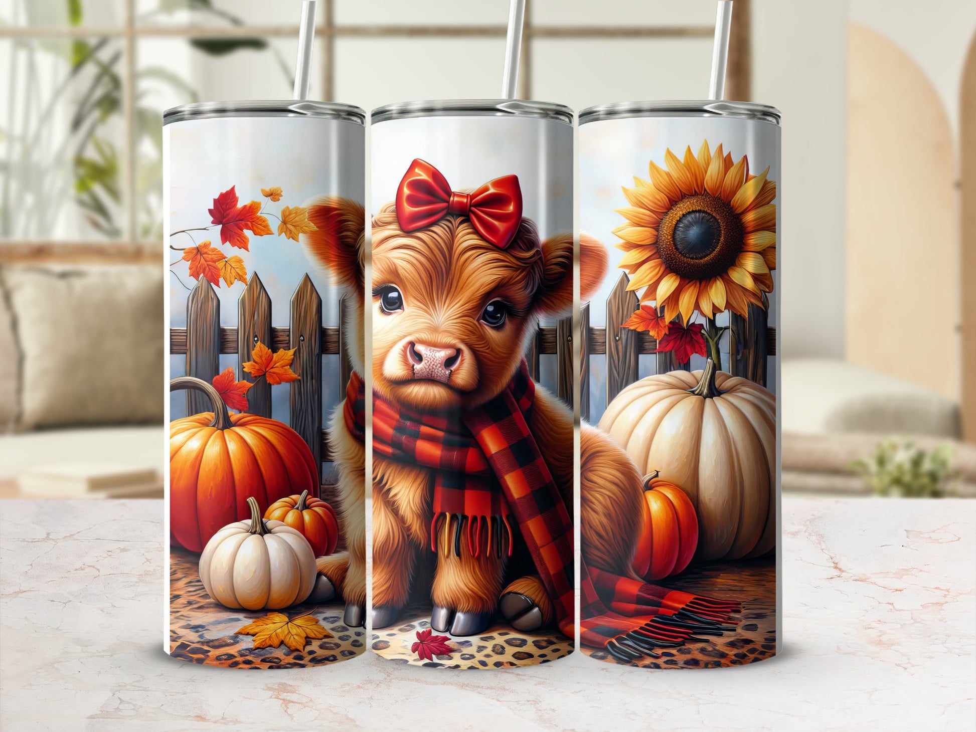 Cute cow with bow and scarf, surrounded by pumpkins and autumn leaves.