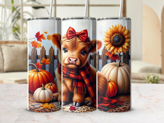 Cute cow with bow and scarf, surrounded by pumpkins and autumn leaves.