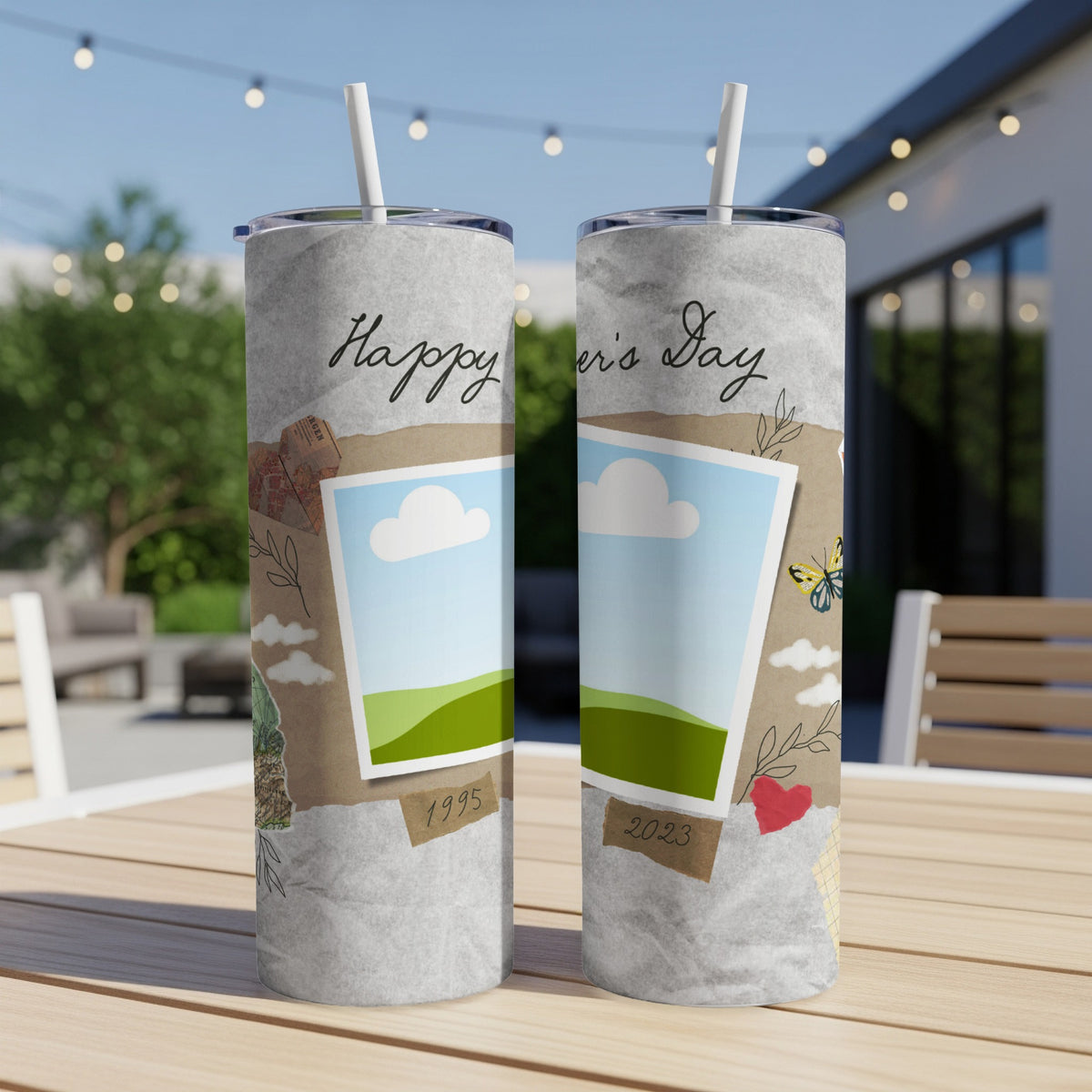 Two tumblers with "Happy Father's Day" text and a collage design.