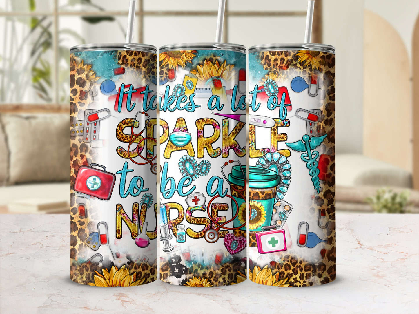 Leopard print tumbler with "It takes a lot of sparkle to be a nurse" and medical icons.