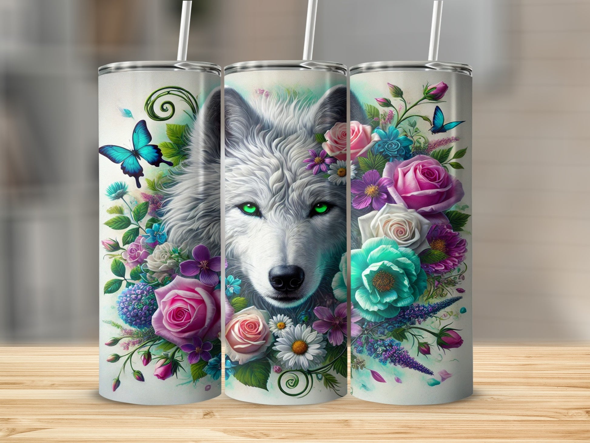 Wolf with Floral and Butterfly Design on Tumbler Cup