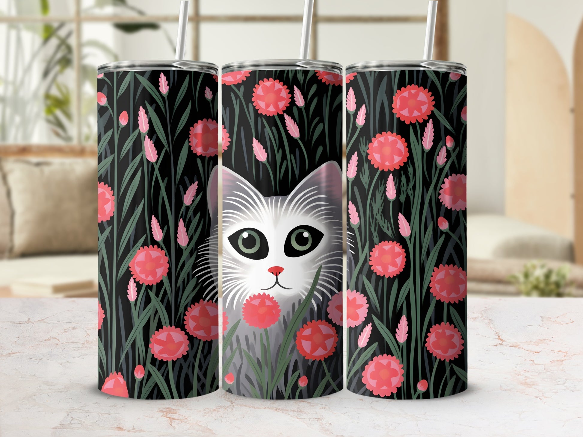 Black tumbler with gray cat and pink flowers.
