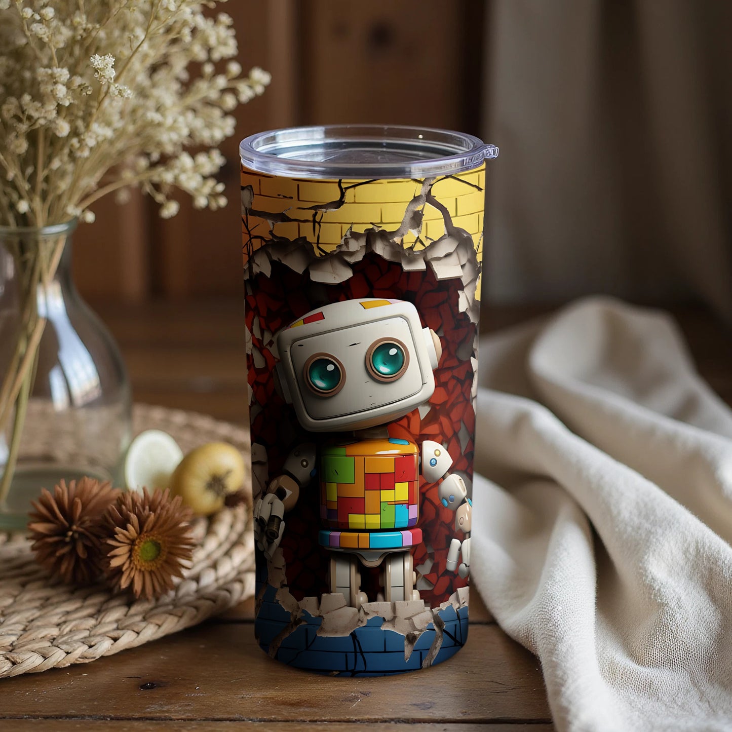 Colorful Robot Design on Tumbler with Lid