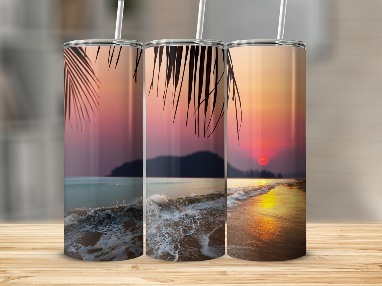 Tropical Sunset Beach Scene Tumblers Set