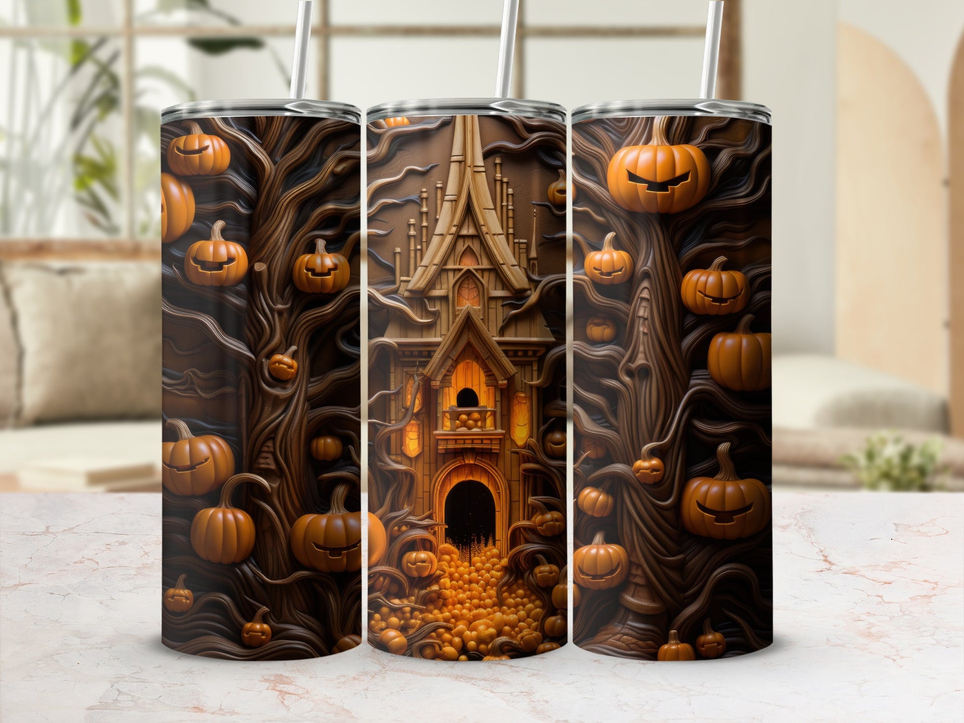Halloween tumbler with carved pumpkins and a spooky house on a dark, gnarled tree background.