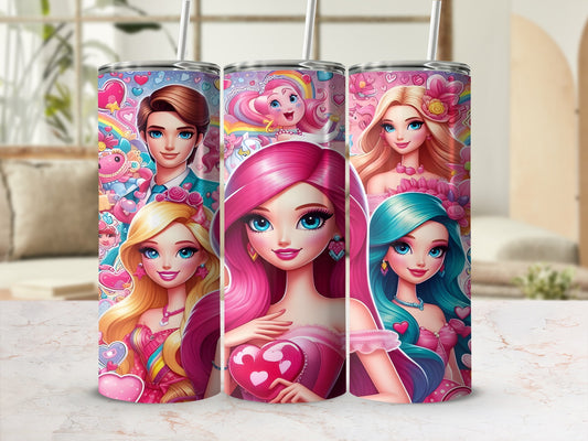 Three cartoon characters with pink hair and hearts on a pink tumbler.