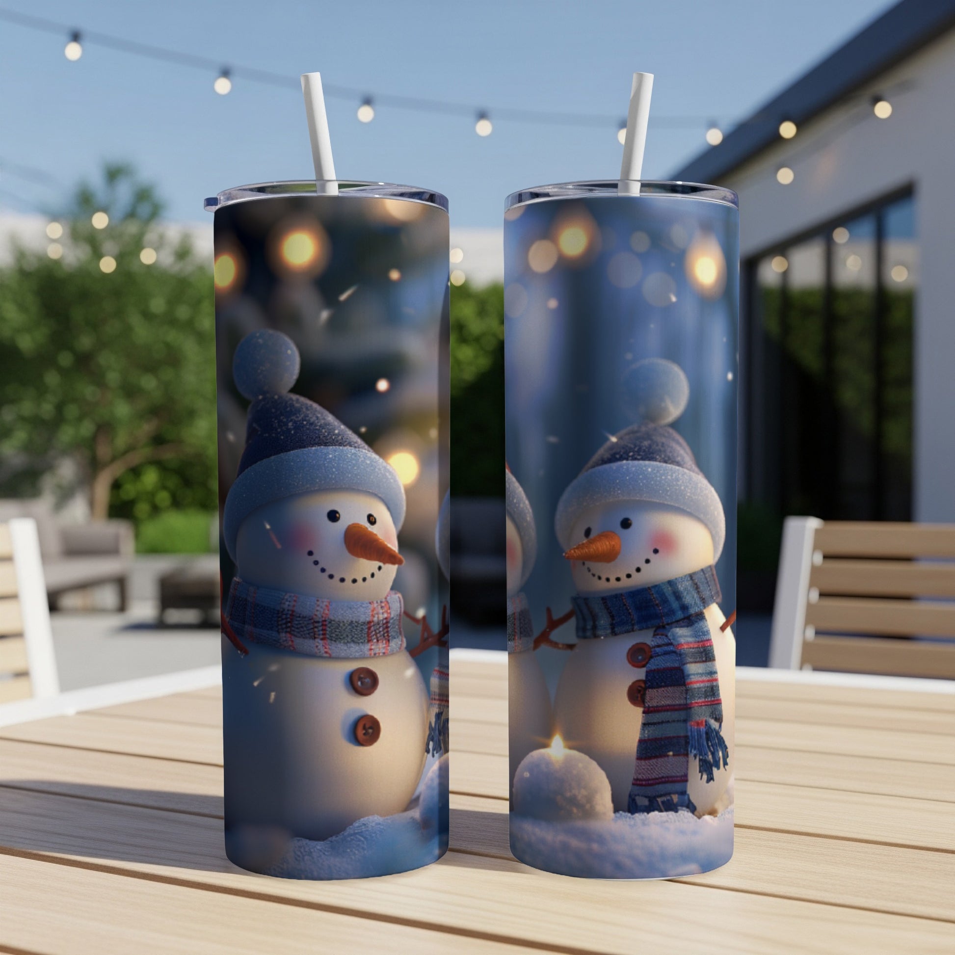 Two snowmen with blue hats and scarves on a wooden table.