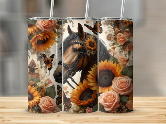 Horse with sunflowers, roses, and butterflies sublimation design.