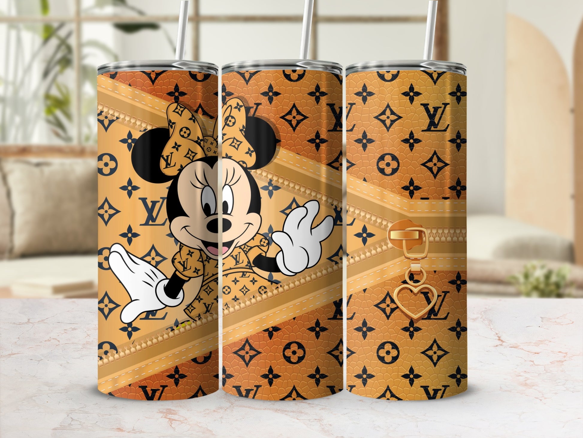 Minnie Mouse tumbler with LV pattern and gold zipper detail.