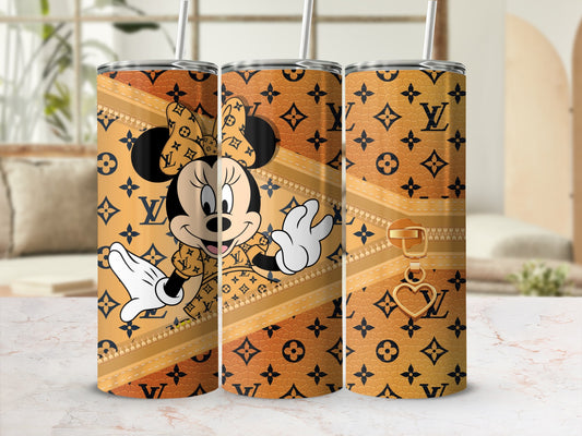 Minnie Mouse tumbler with LV pattern and gold zipper detail.