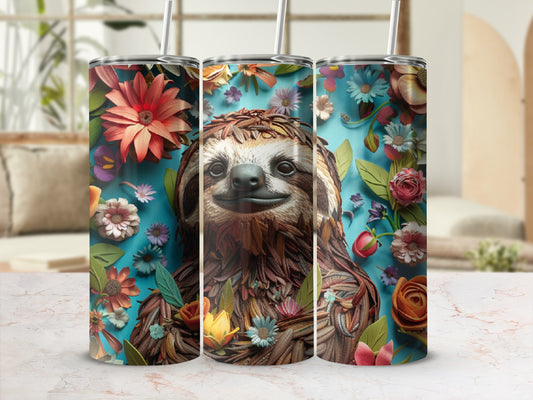 Three tumblers featuring a sloth face surrounded by colorful flowers and leaves.