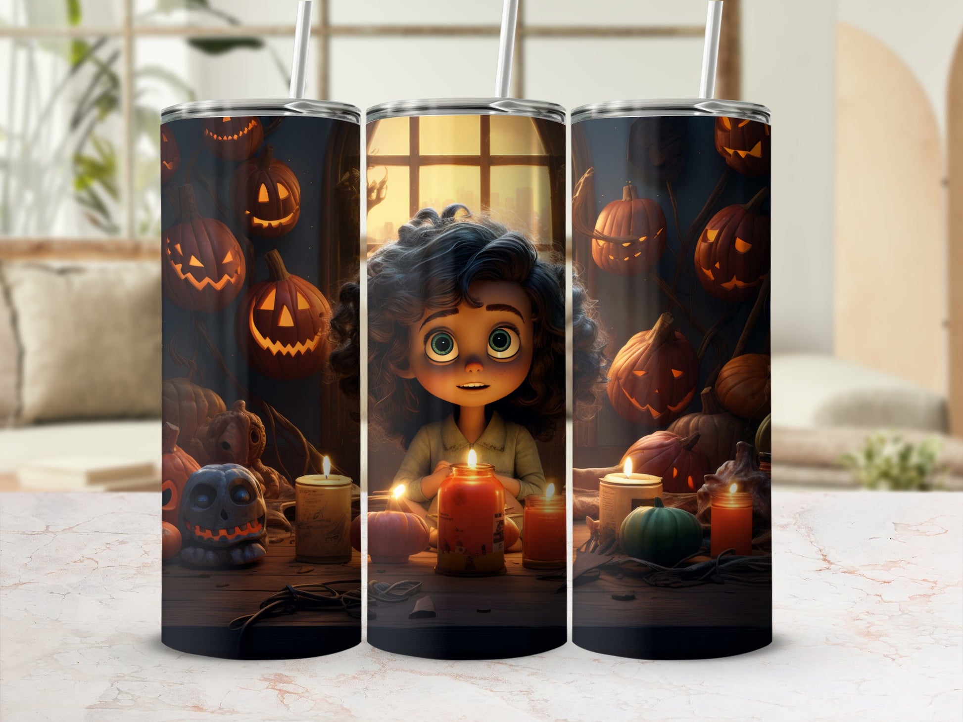 Halloween tumbler with carved pumpkins, a girl, and candles.