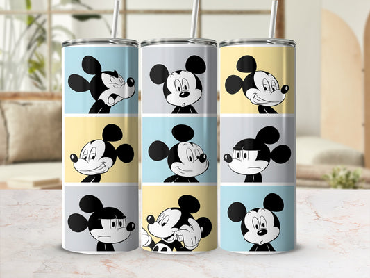 Mickey Mouse faces in nine square panels with various expressions.