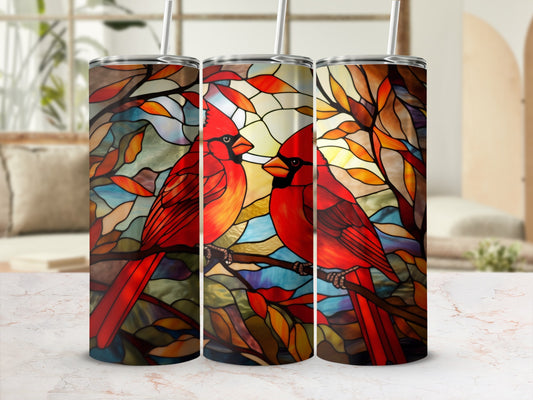 Three tumblers with a stained glass cardinal design.