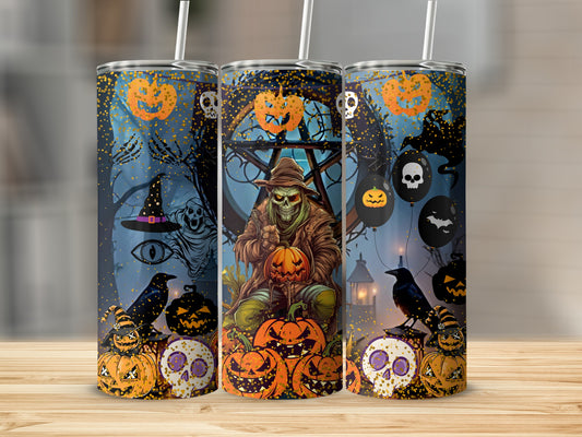 Halloween Themed Tumbler with Pumpkins and Skulls