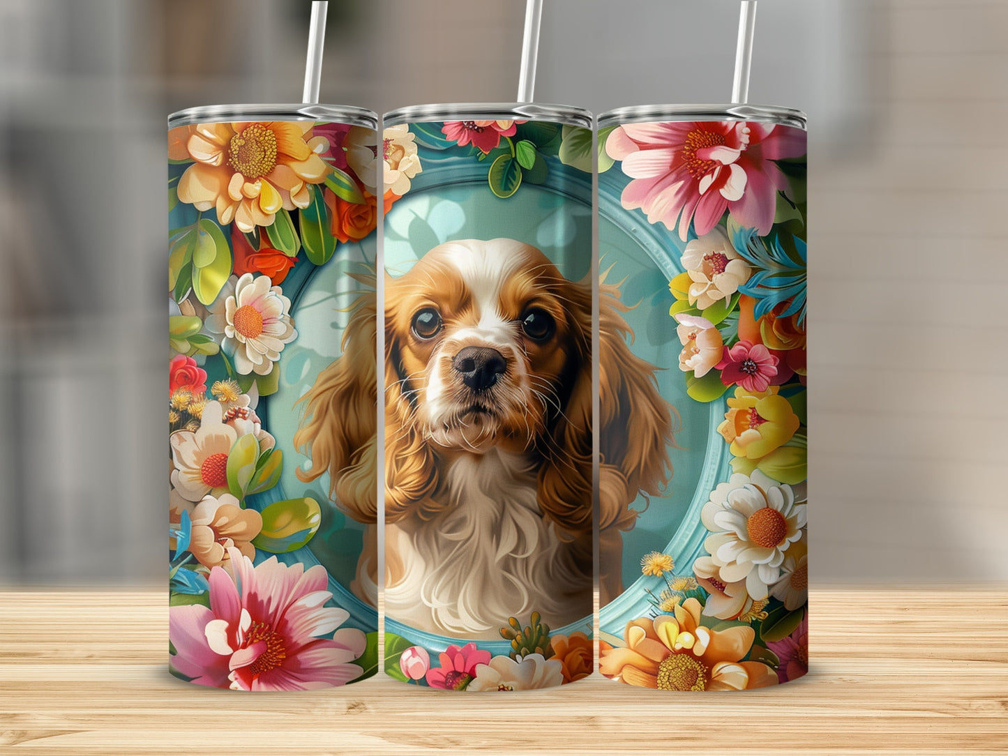 Three tumblers with a Cavalier King Charles Spaniel portrait surrounded by flowers.