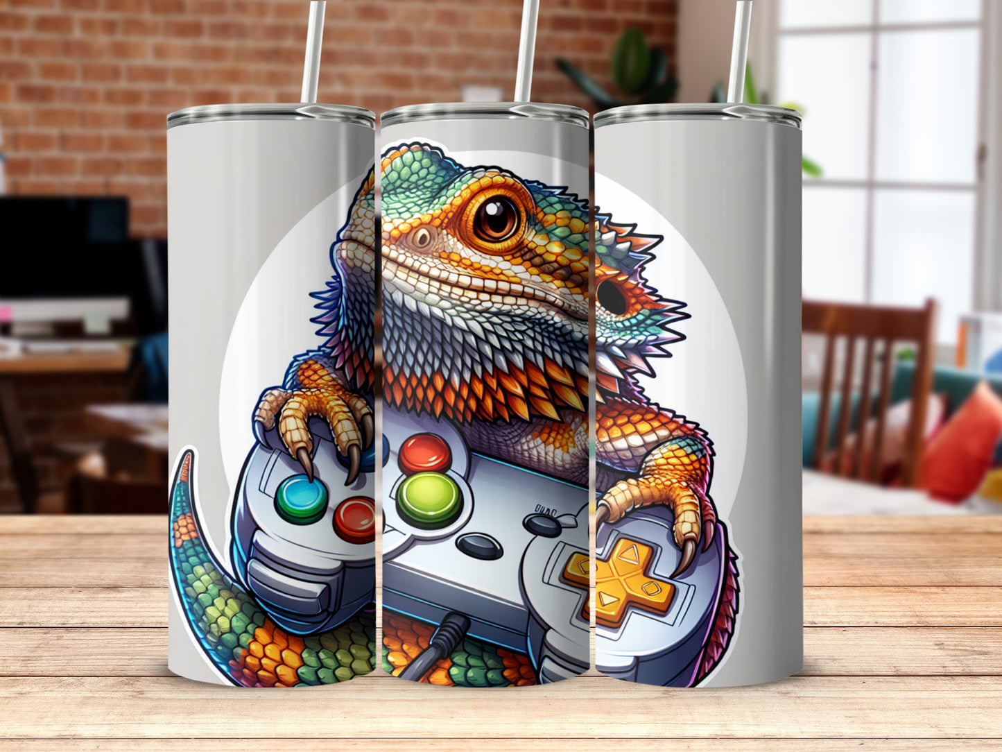 Colorful Bearded Dragon with Game Controller tumbler