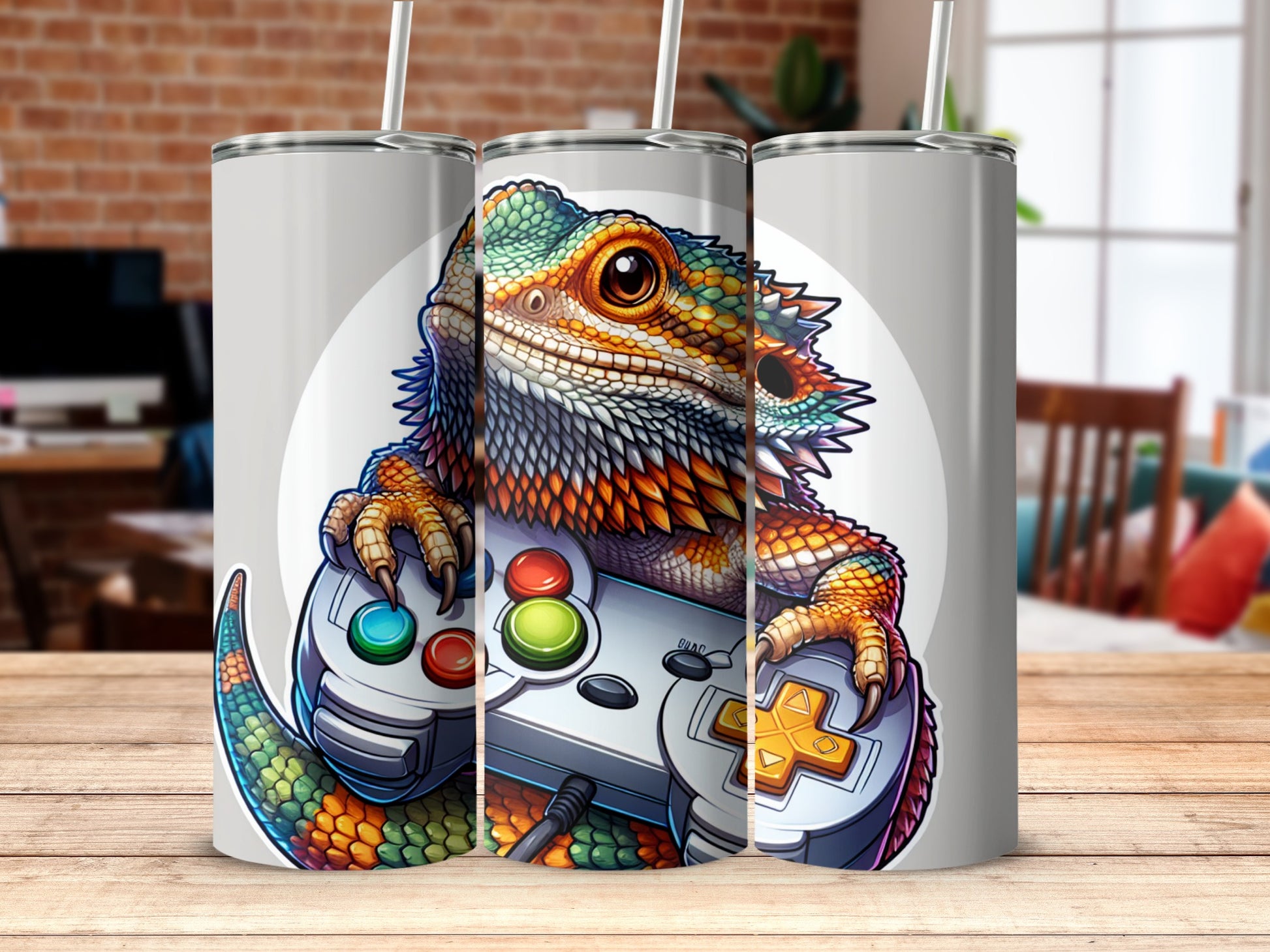 Colorful Bearded Dragon with Game Controller tumbler