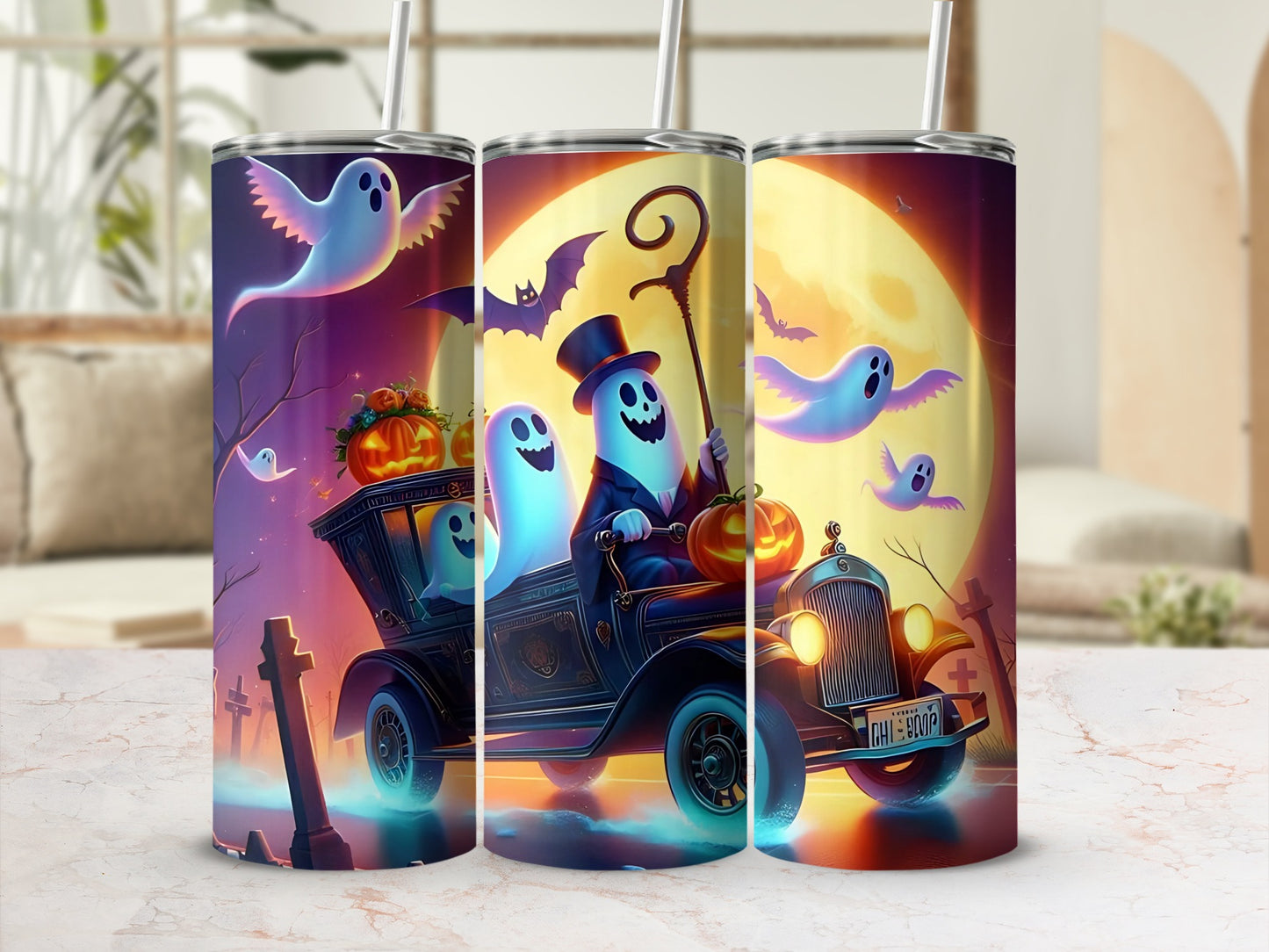 Halloween-themed tumbler with ghosts driving a vintage car under a full moon.