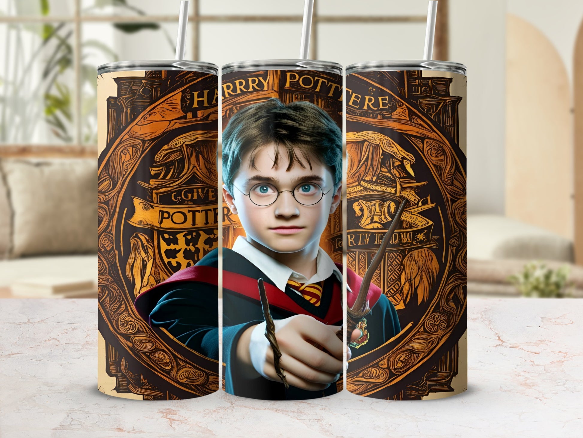 Harry Potter tumbler with golden ornate designs and character illustration.
