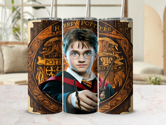 Harry Potter tumbler with golden ornate designs and character illustration.