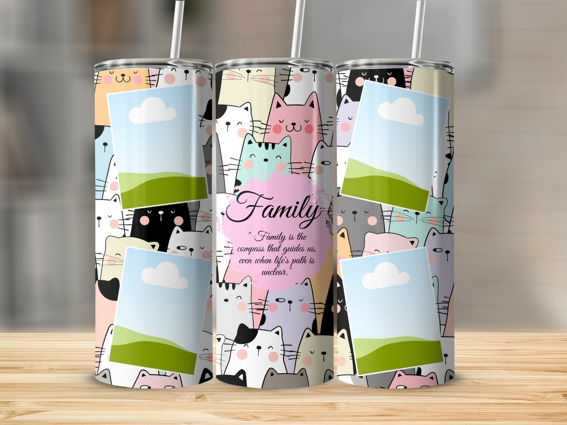 Tumblers with a cute cat pattern and a family quote, featuring photo placeholders.