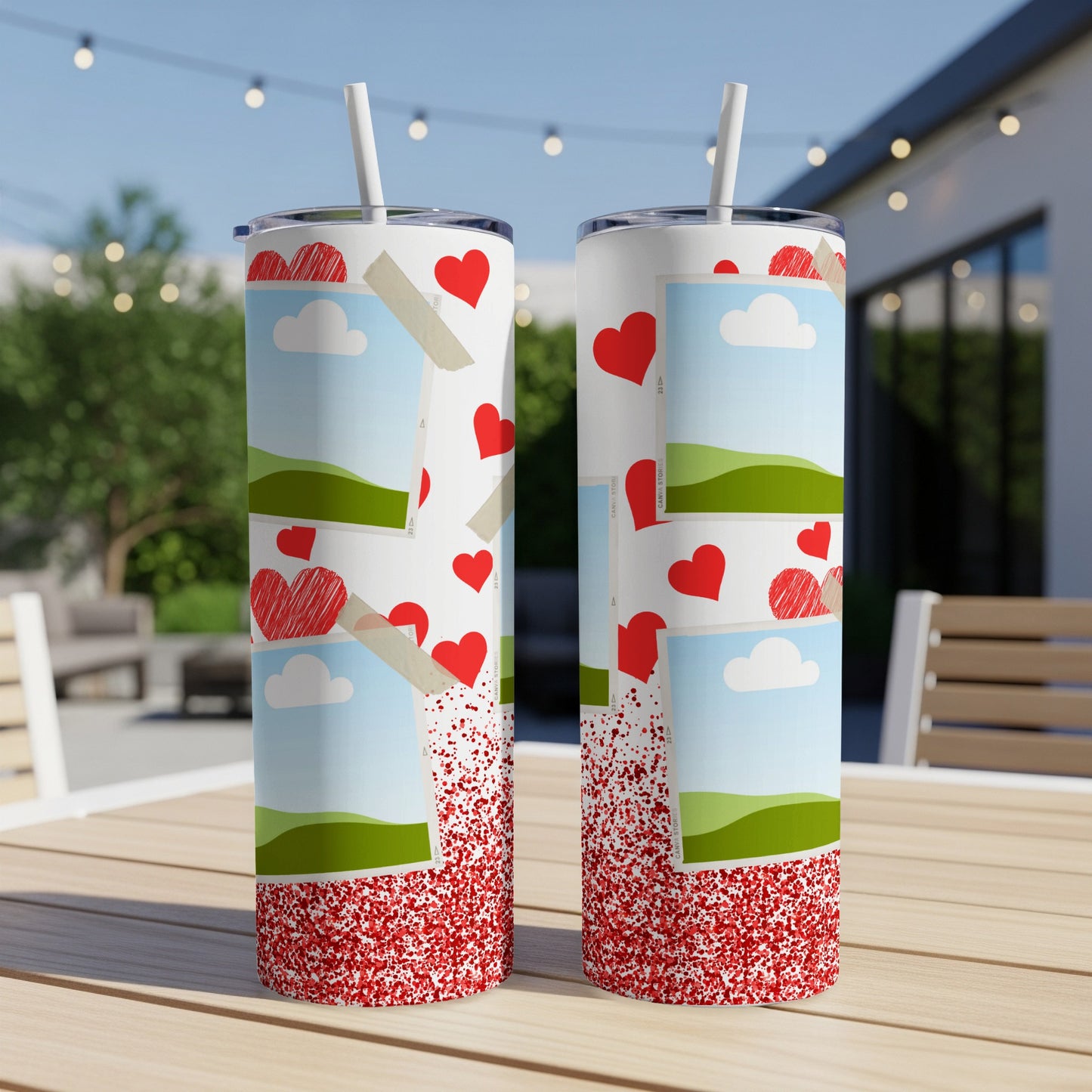 Two tumblers with a repeating pattern of red hearts, clouds, and landscape photos on a white background.