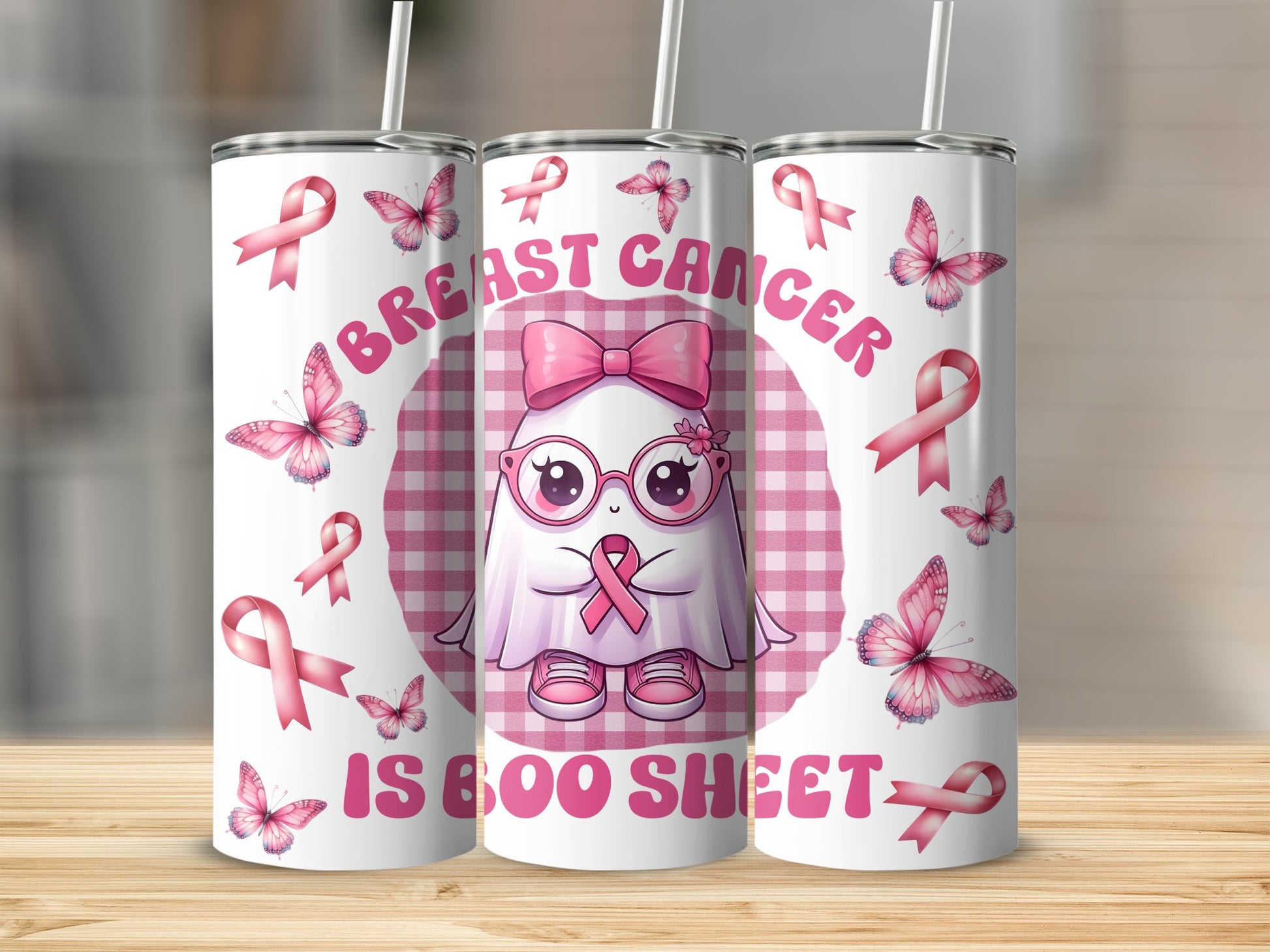 Pink ghost with glasses and butterflies, says "Breast Cancer is Boo Sheet."