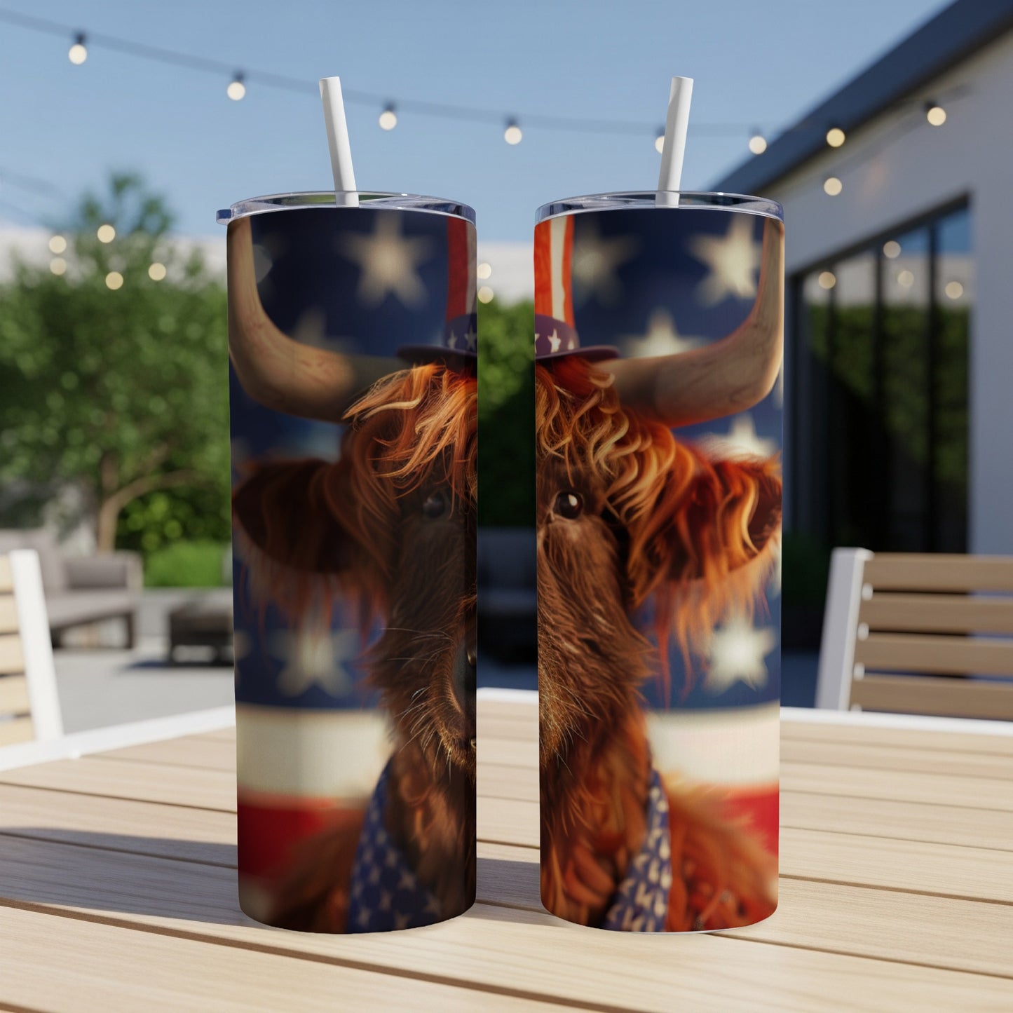 Highland cow wearing American flag hat and bandana on tumbler.