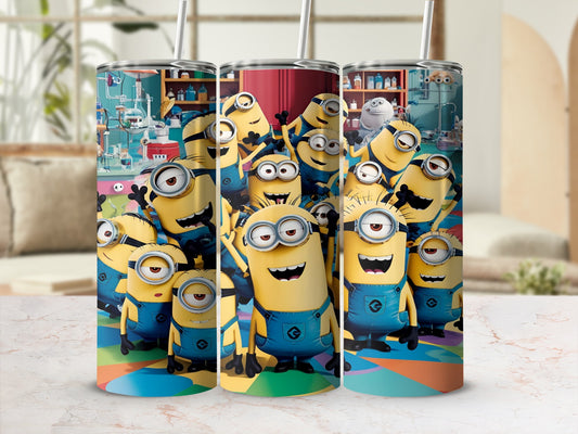 Three Minions characters with large eyes and blue overalls on a colorful background.