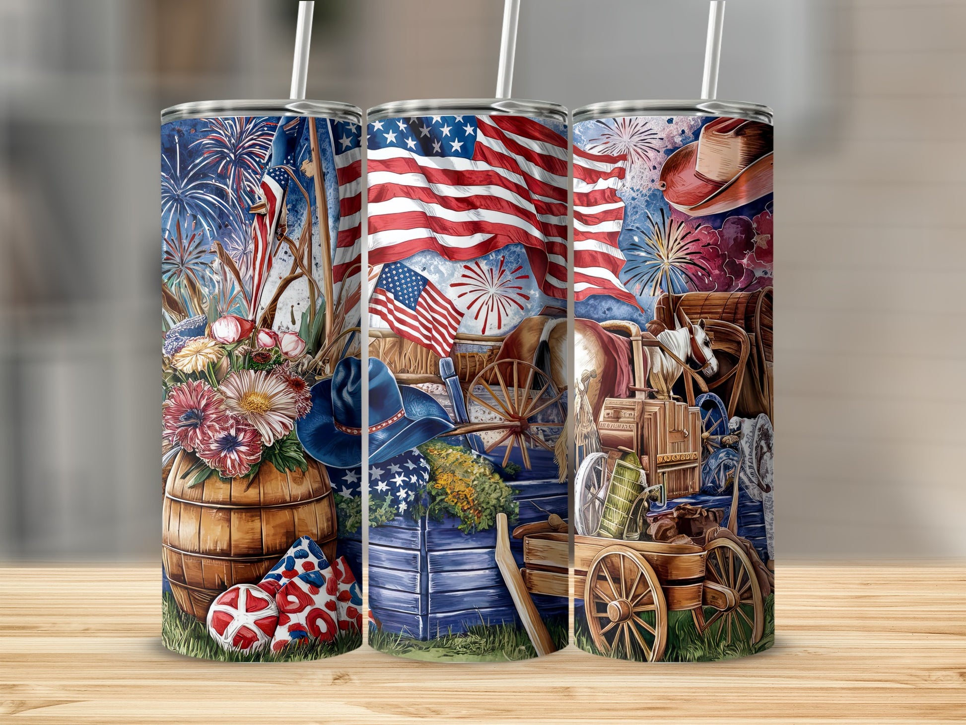 Patriotic tumbler set with fireworks, flags, barrel, wagon, and cowboy hats.
