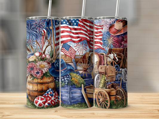 Patriotic tumbler set with fireworks, flags, barrel, wagon, and cowboy hats.
