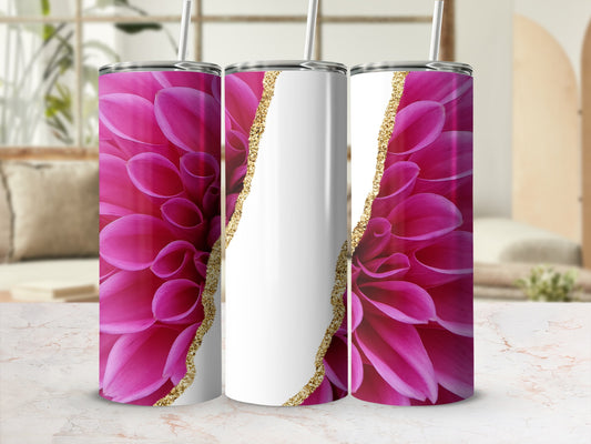 Pink floral print tumbler with gold glitter accent.